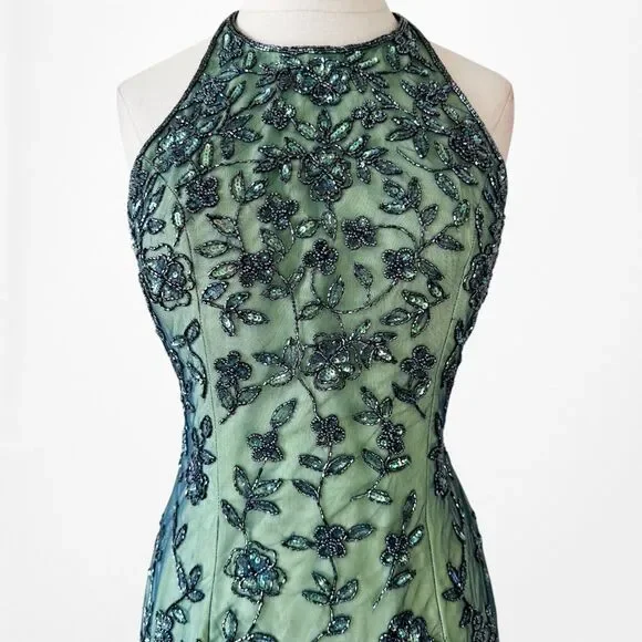 Vintage Y2K 90s Green Floral Halter Beaded Mesh Bodycon Maxi Prom Dress Size S - Picture 6 of 14